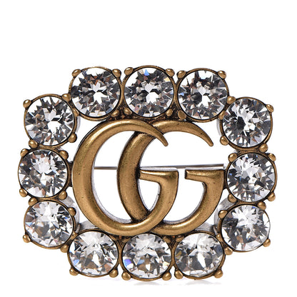 Gucci Metal Crystal Double G Brooch Aged Gold 1 of 5