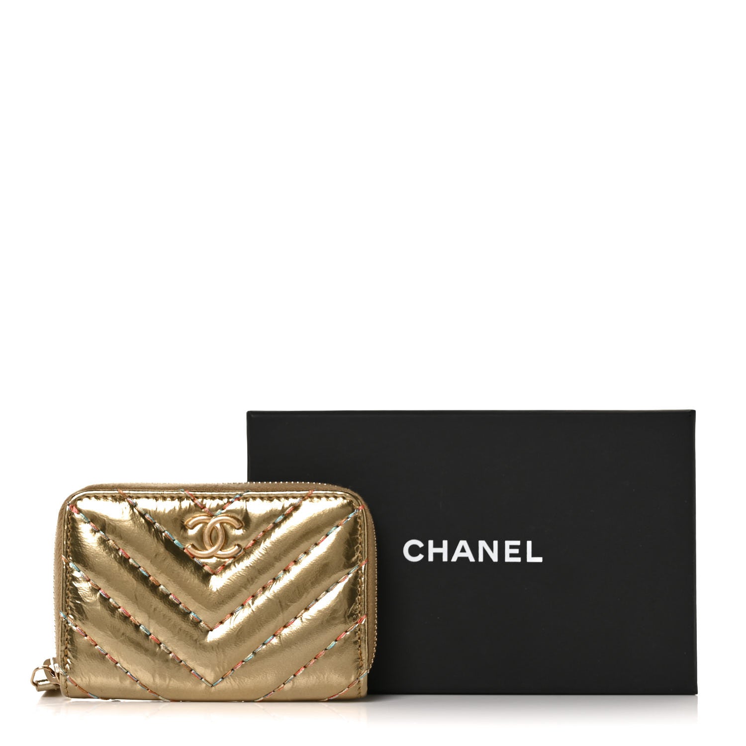 Chanel Metallic Aged Calfskin Chevron Quilted Multicolor Stitch Zip Around Coin Purse Gold 10 of 10