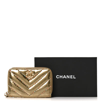 Chanel Metallic Aged Calfskin Chevron Quilted Multicolor Stitch Zip Around Coin Purse Gold 10 of 10