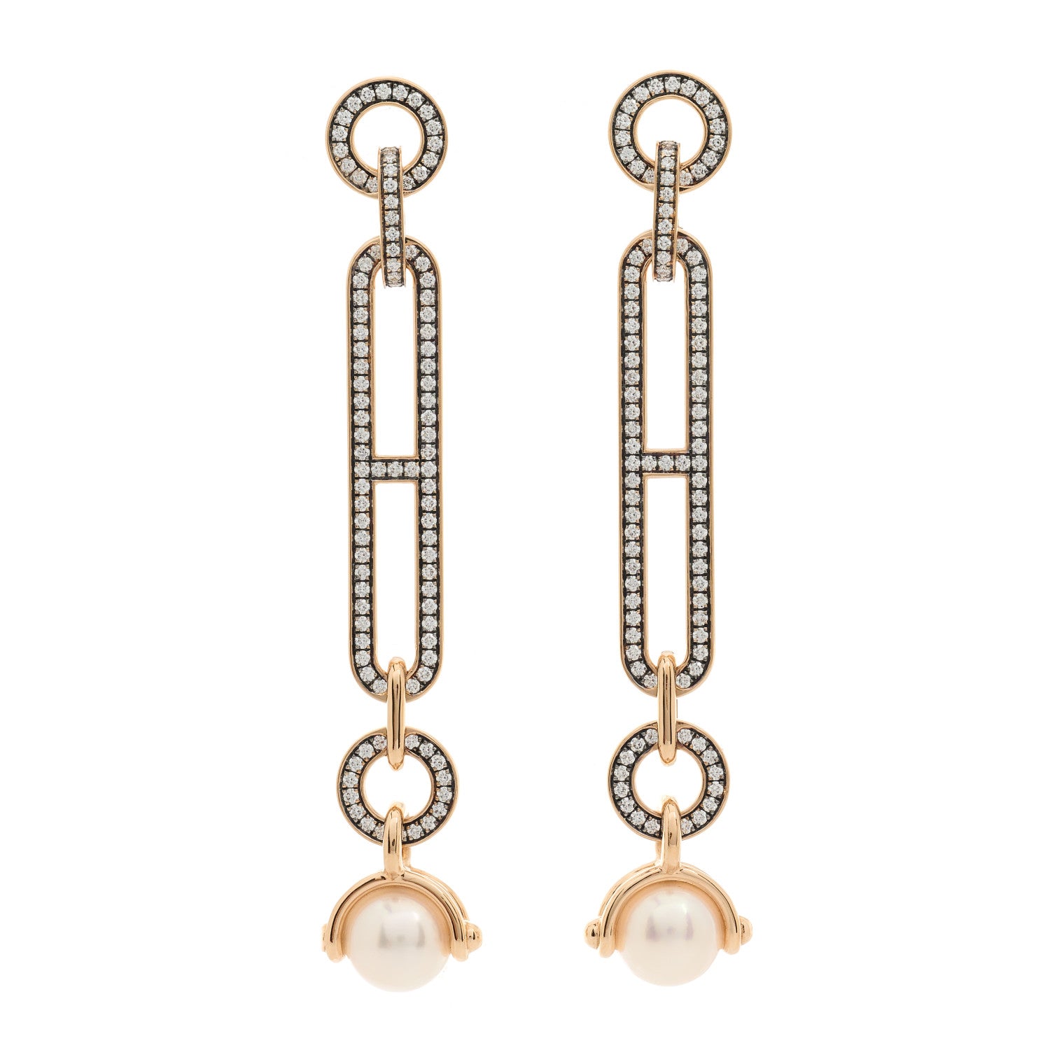 Hermes 18K Rose Gold Diamond Pearl PM Chandra Drop Earrings 1 of 5