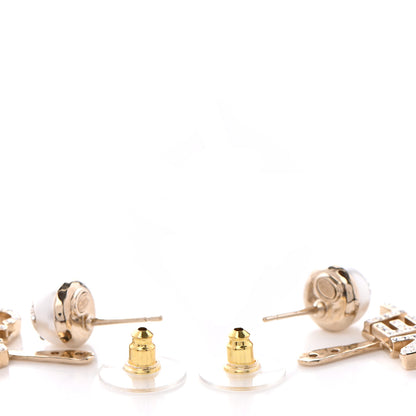 Chanel Pearl Crystal Logo Earrings Gold Pearly White 3 of 5