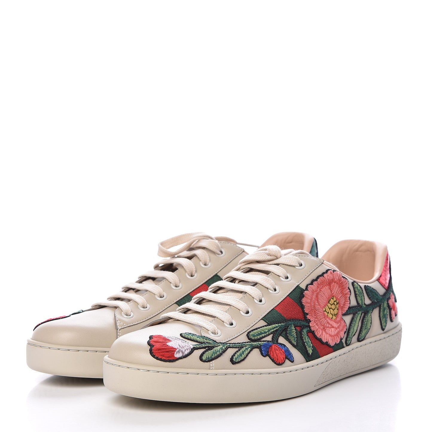 Calfskin Web Floral Embroidered Mens Ace Sneakers 11 Off White