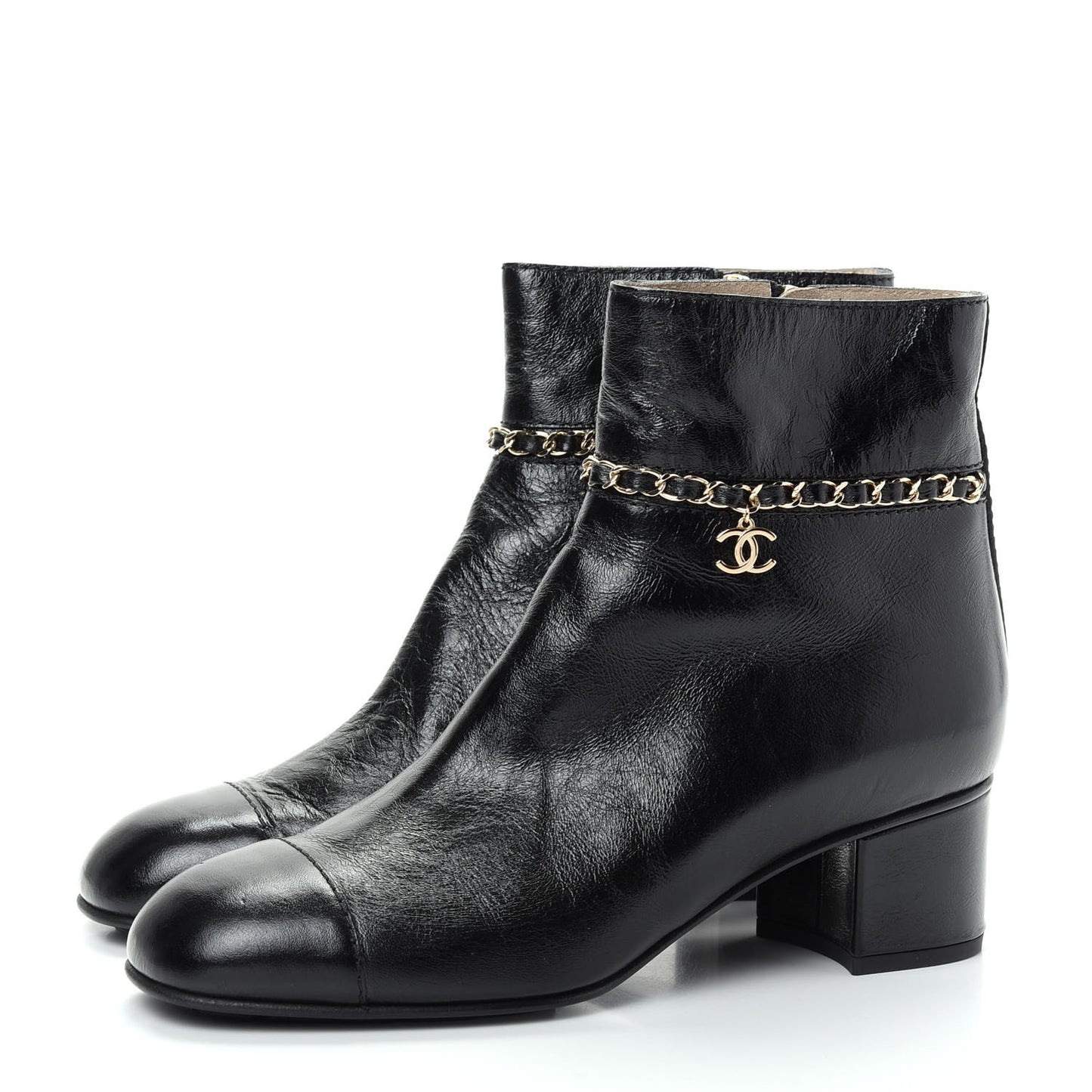 Crumpled Calfskin Cap Toe Chain Short Boots 39 Black