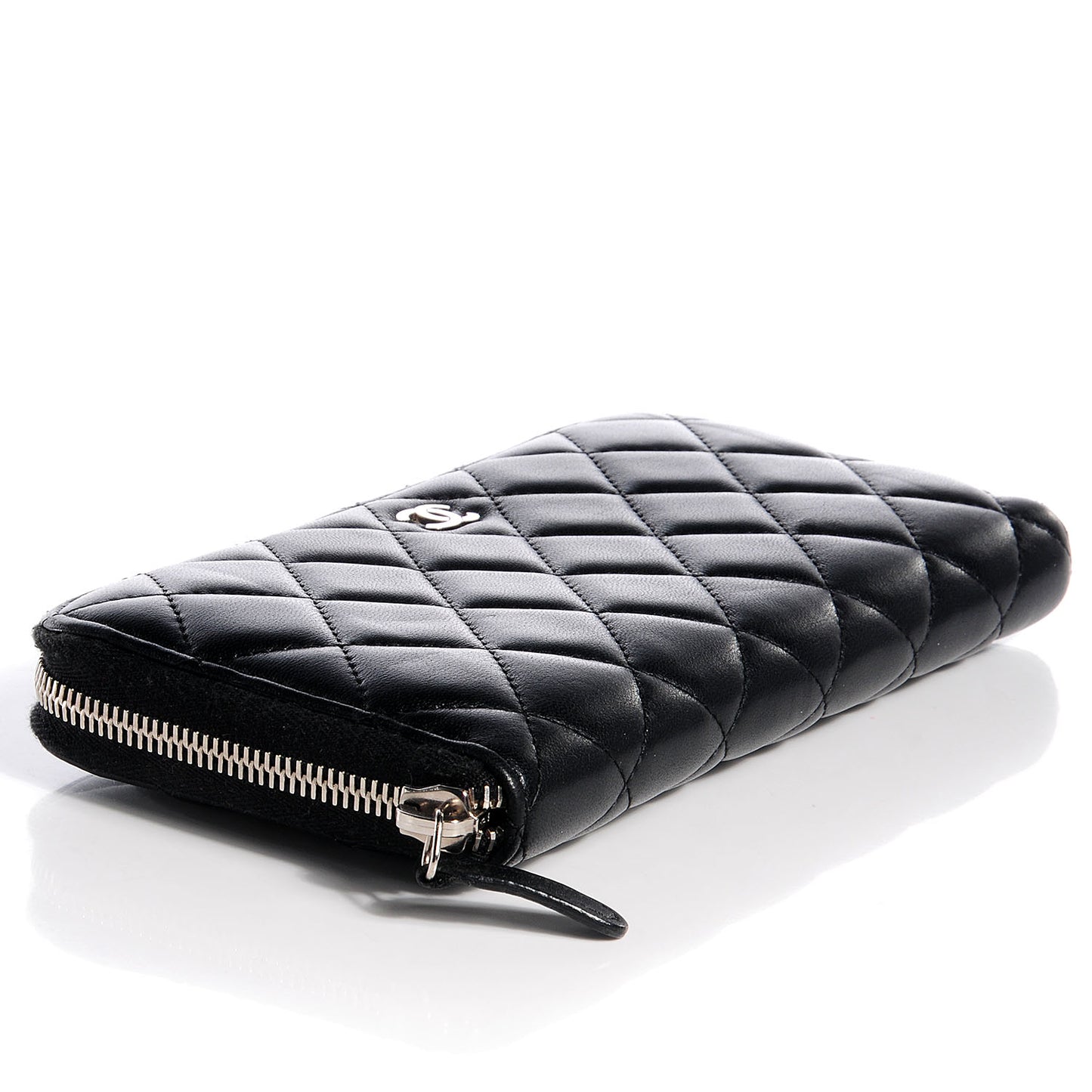 Lambskin Quilted Large Zip Around Wallet Black