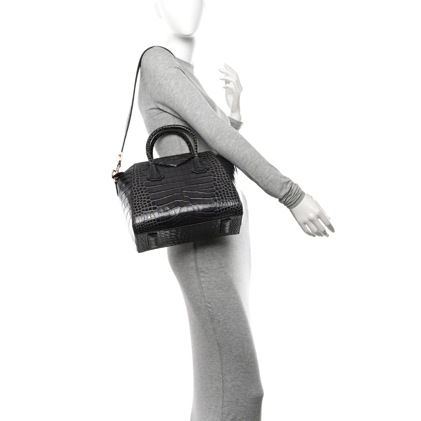 Calfskin Crocodile Embossed Small Antigona Storm Grey