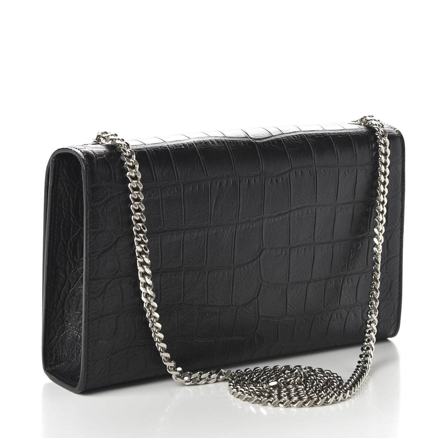 Calfskin Crocodile Embossed Medium Classic Monogram Kate Tassel Satchel Black