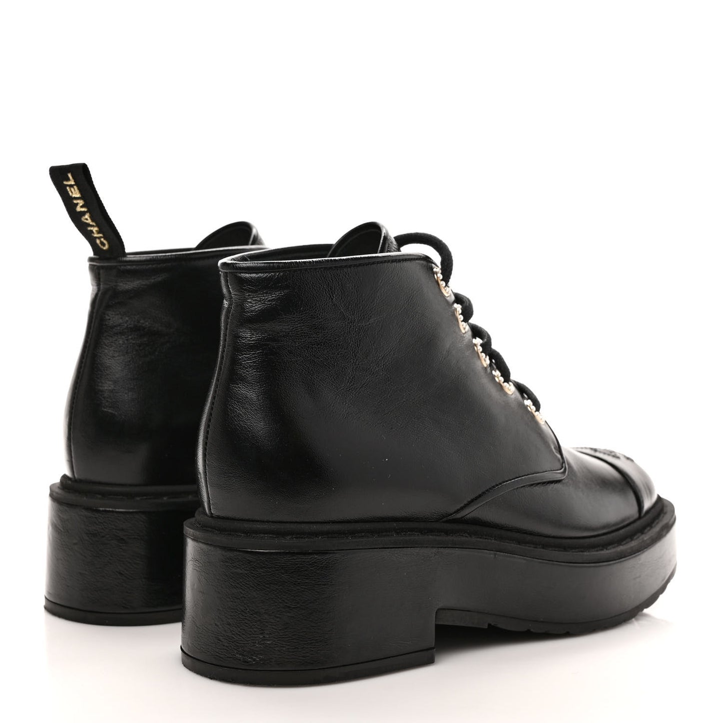 Shiny Calfskin Pearl Lace Up Combat Short Boots 37.5 Black