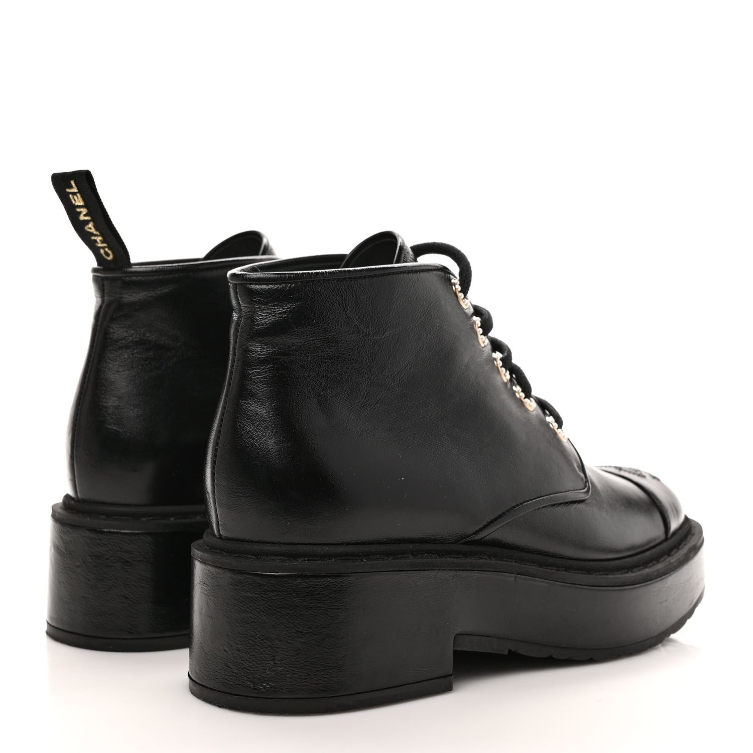 Chanel Shiny Calfskin Pearl Lace Up Combat Short Boots 37.5 Black 4 of 10