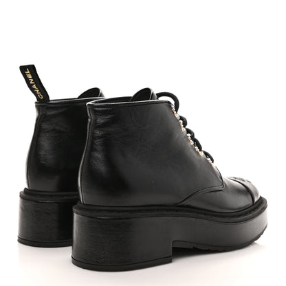 Chanel Shiny Calfskin Pearl Lace Up Combat Short Boots 37.5 Black 4 of 10