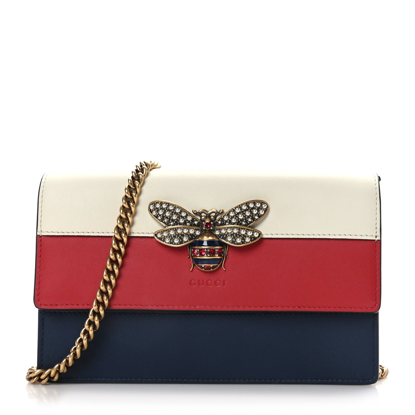 Calfskin Queen Margaret Chain Wallet Blue Agata Hibiscus Red Mystic White
