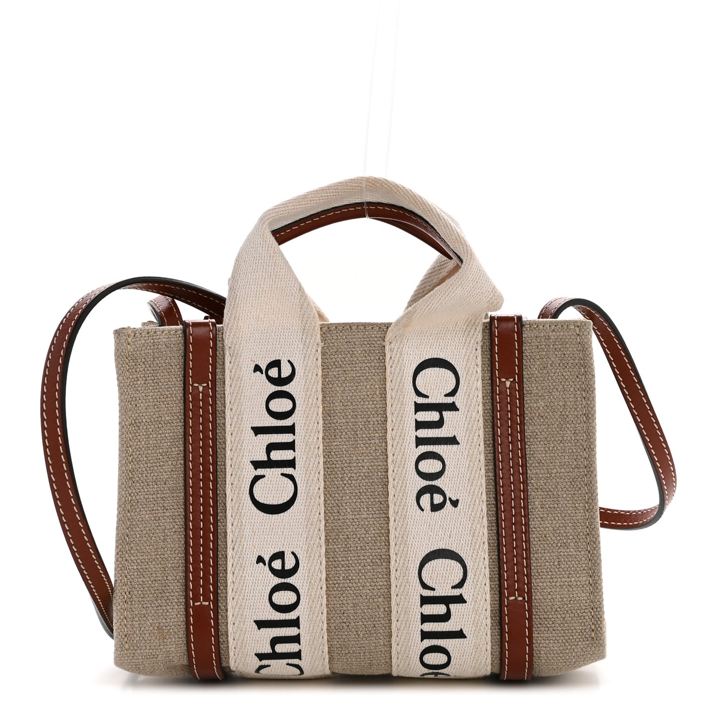 Linen Calfskin Mini Woody Ribbon Tote White Brown