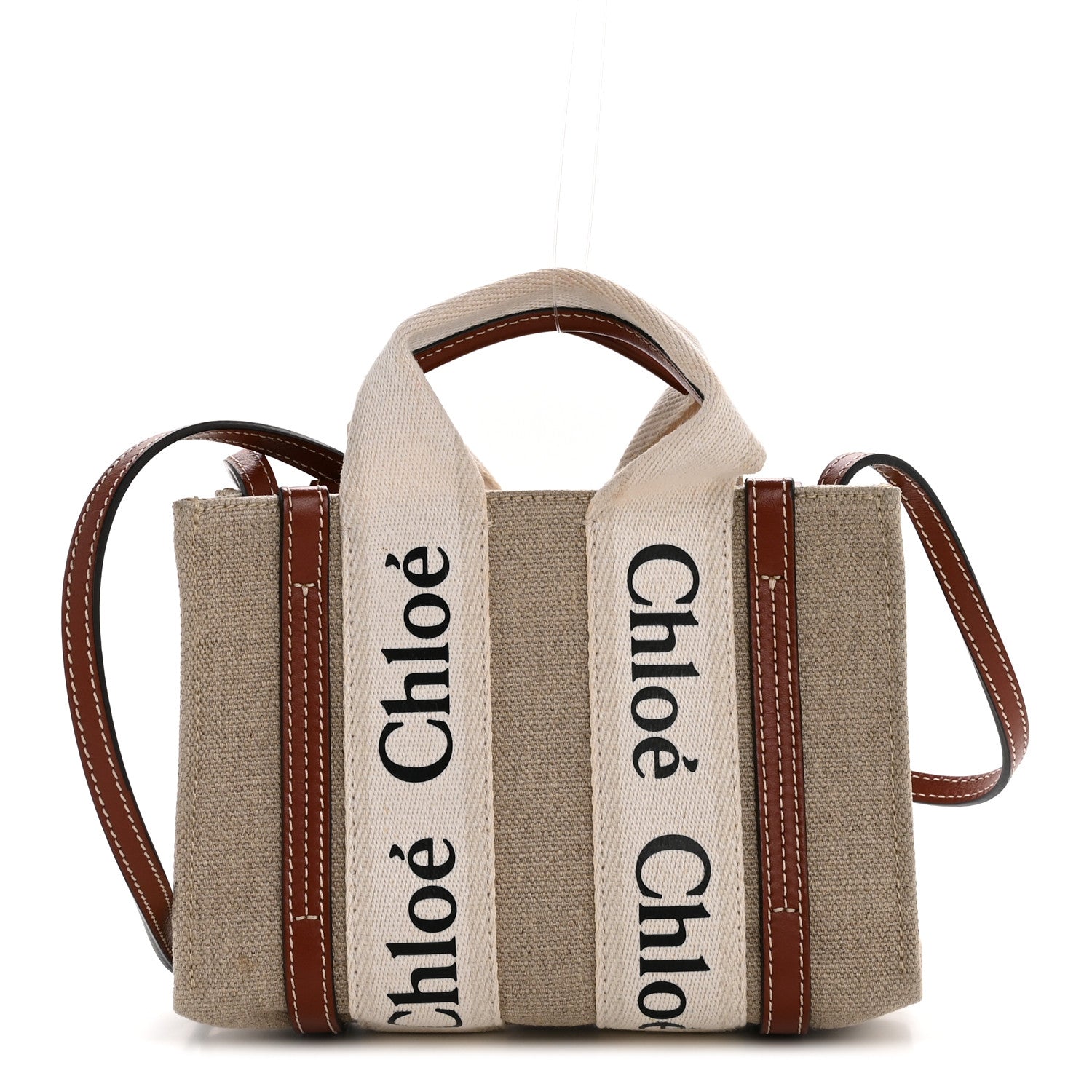 Chloe Linen Calfskin Mini Woody Ribbon Tote White Brown 1 of 10