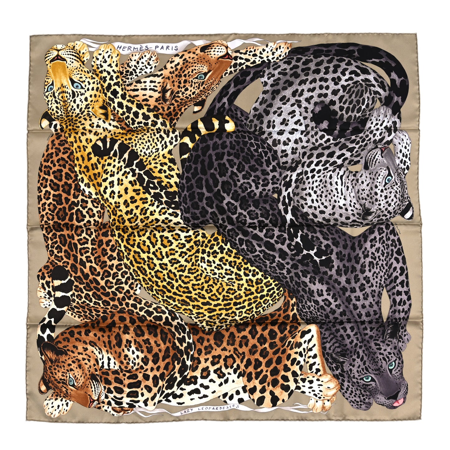 Silk Twill Lazy Leopardesses Scarf 90 Camel Anthracite
