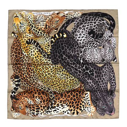 Hermes Silk Twill Lazy Leopardesses Scarf 90 Camel Anthracite 1 of 5