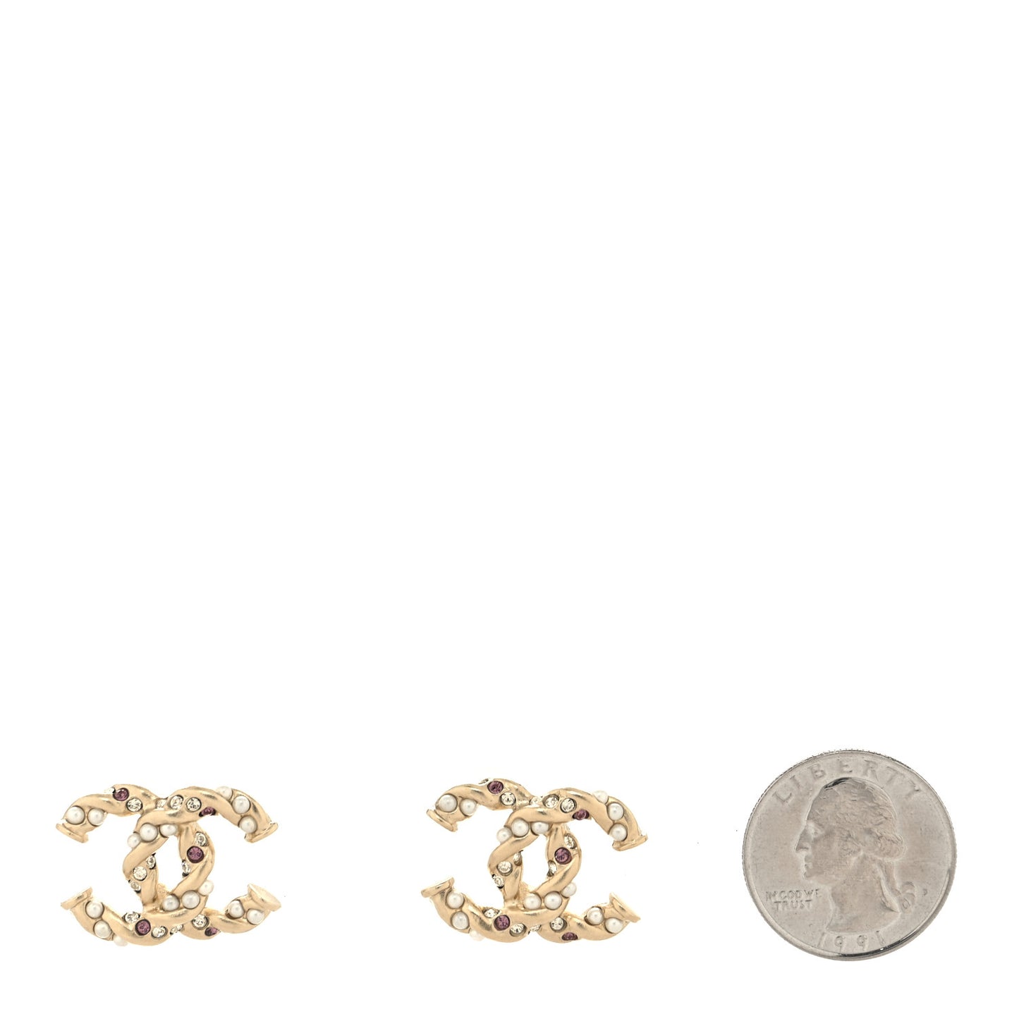 Metal Pearl Crystal Twisted CC Earrings Light Gold White Pink