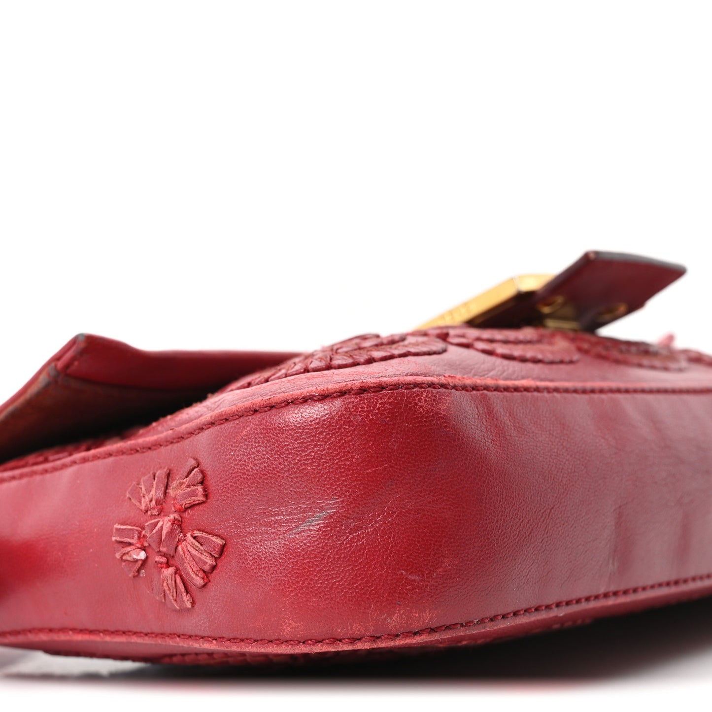 Calfskin Floral Stitched Baguette Red