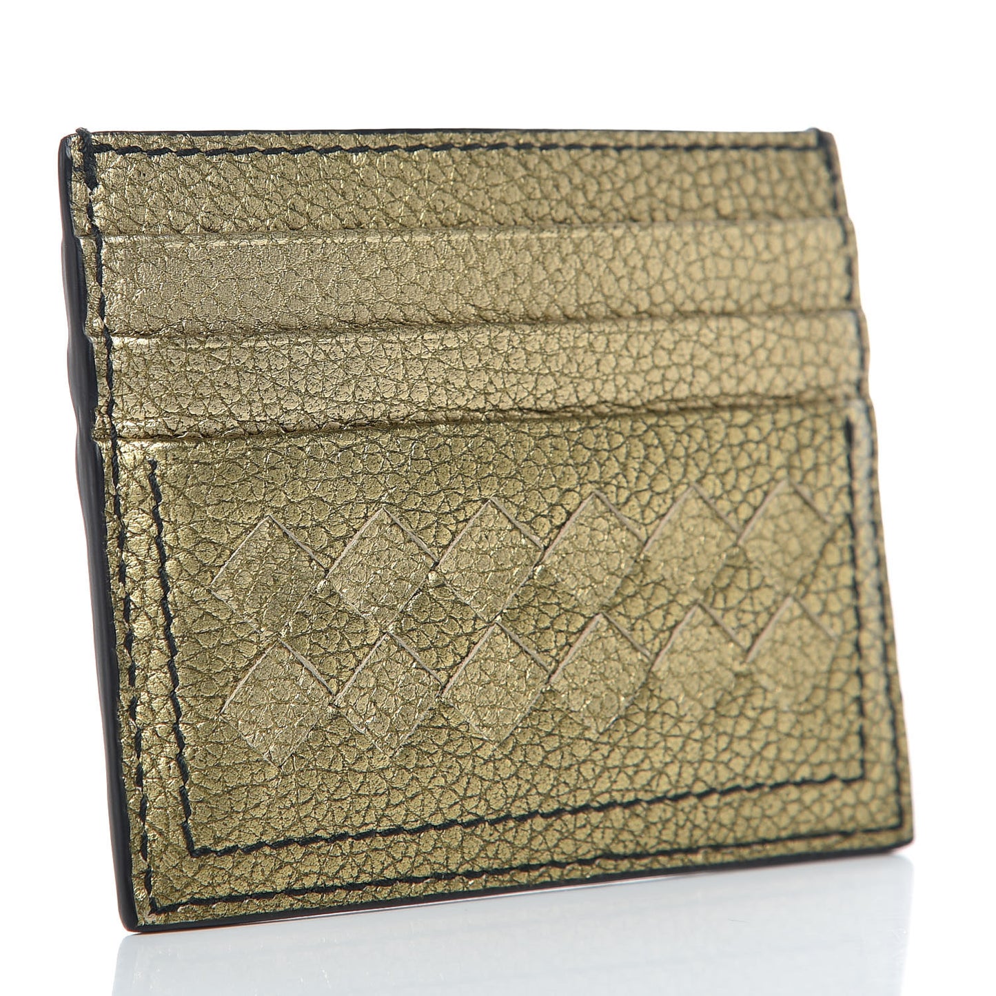 Metallic Calfskin Intrecciato VN Card Case Dark Gold