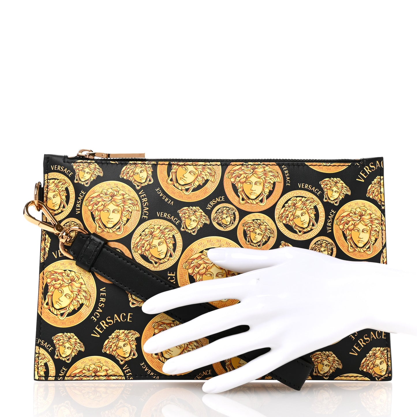 Calfskin La Medusa Print Wristlet Pouch Black Gold