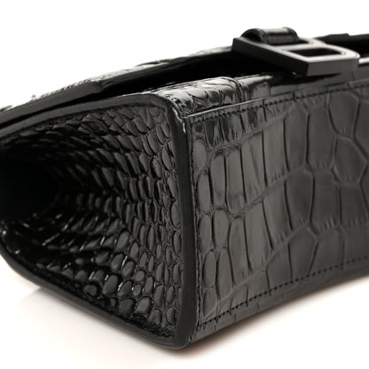 Balenciaga Shiny Calfskin Monochrome Crocodile Embossed Hourglass Top Handle Bag XS Black 10 of 11