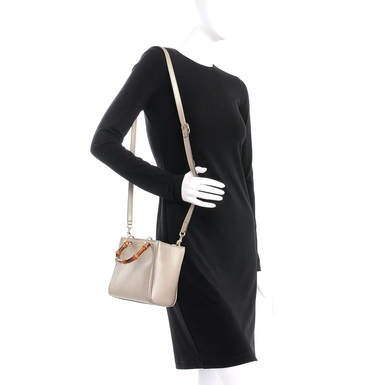Gucci Metallic Calfskin Mini Bamboo Shopper Tote Golden Beige 2 of 11