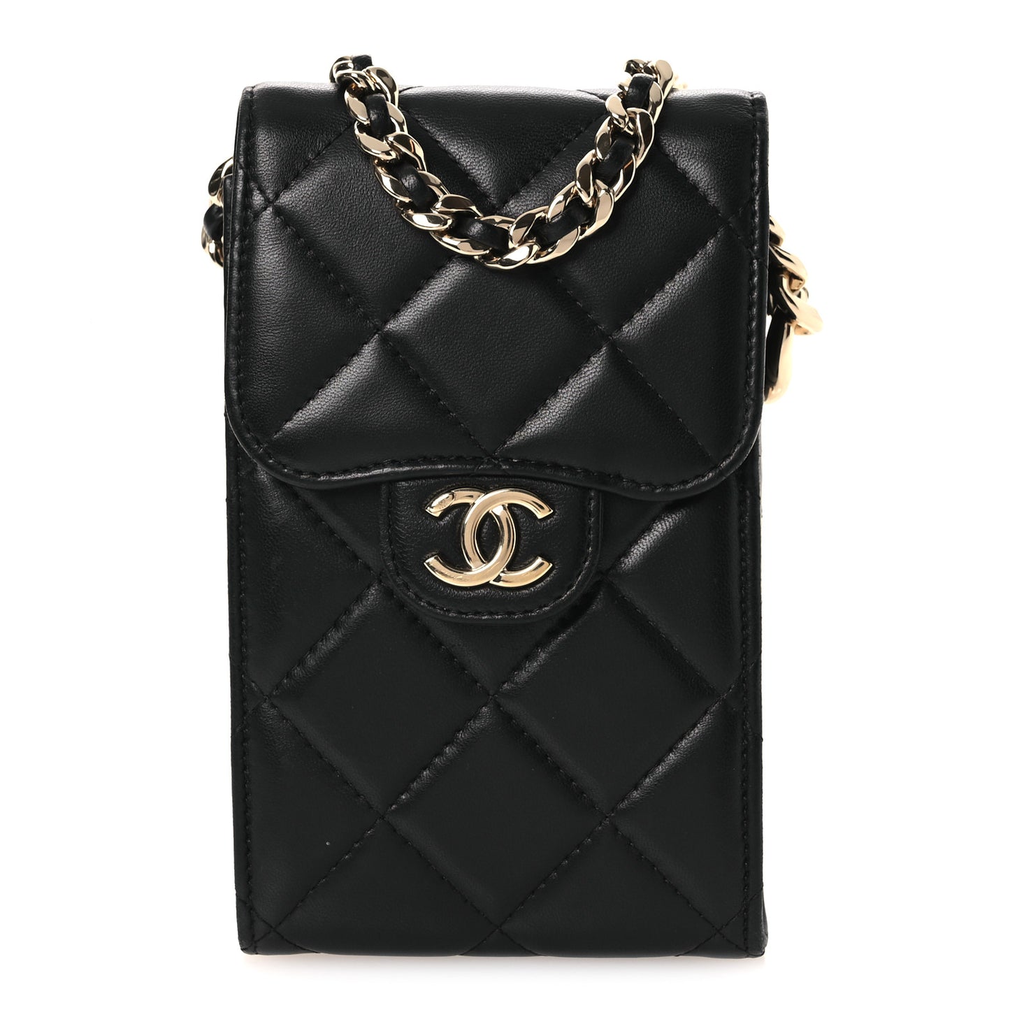 Lambskin Quilted Lacquered Chain Phone Holder With Chain Black