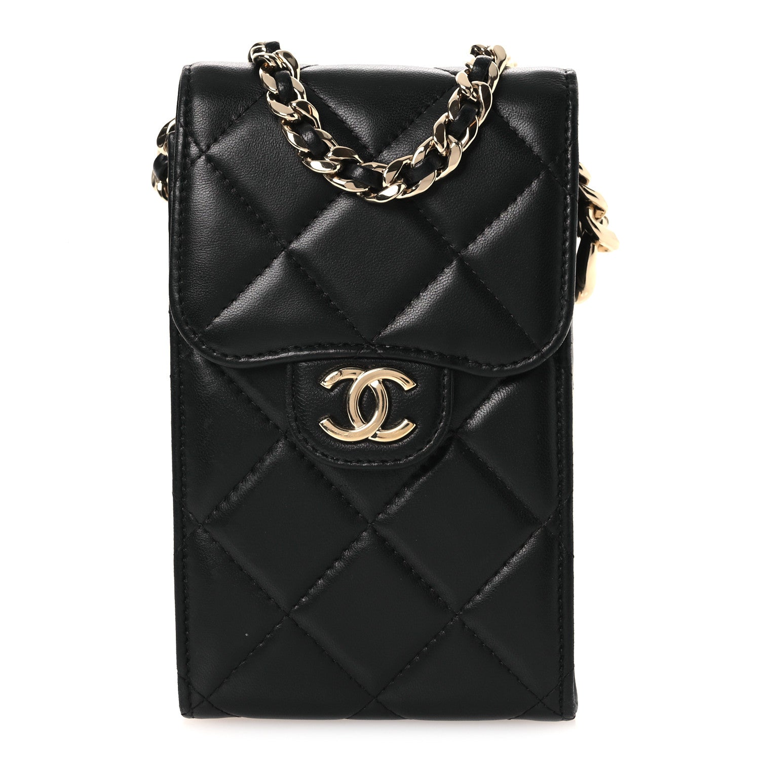 Chanel Lambskin Quilted Lacquered Chain Phone Holder With Chain Black 1 of 11