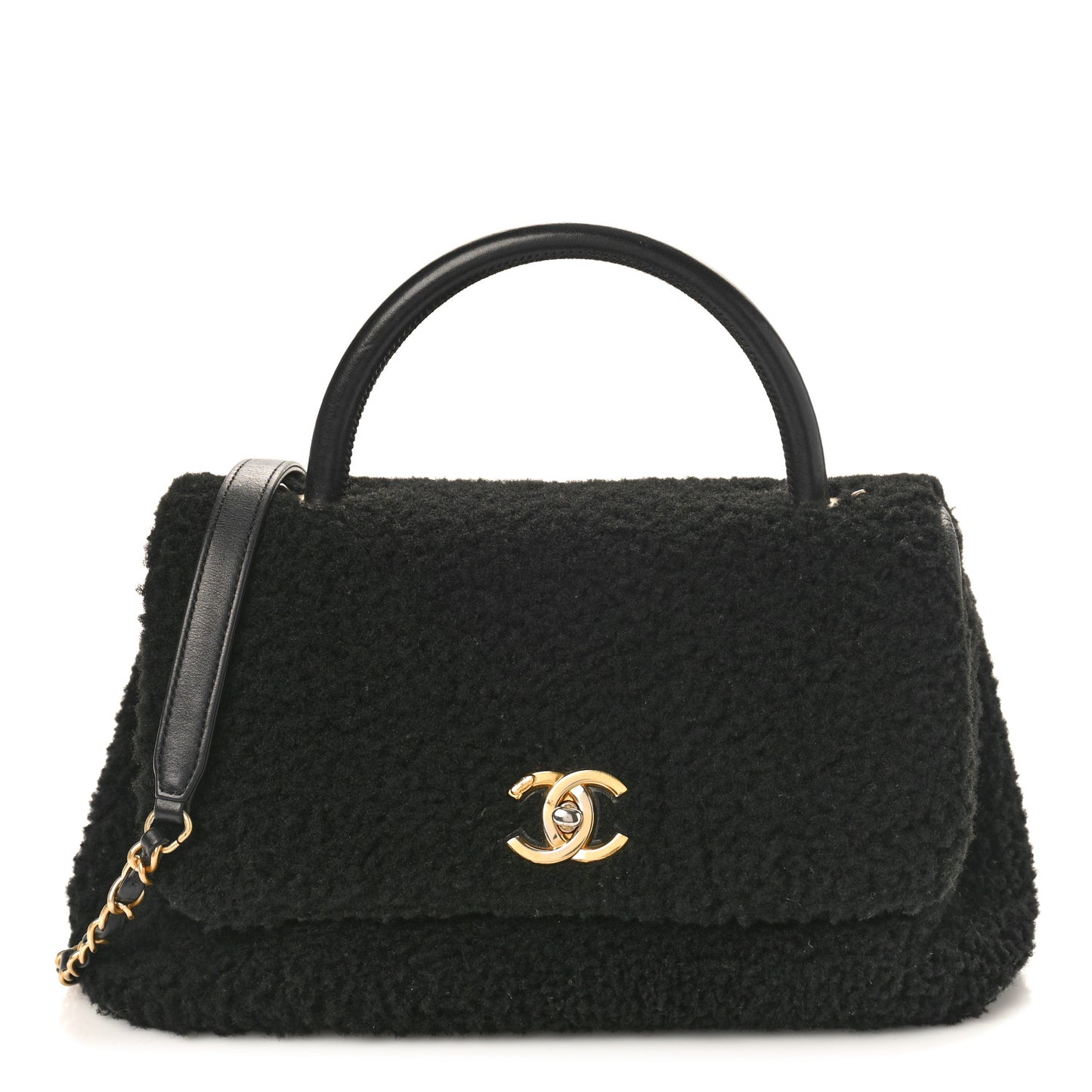Shearling Lambskin Medium Coco Handle Flap Black