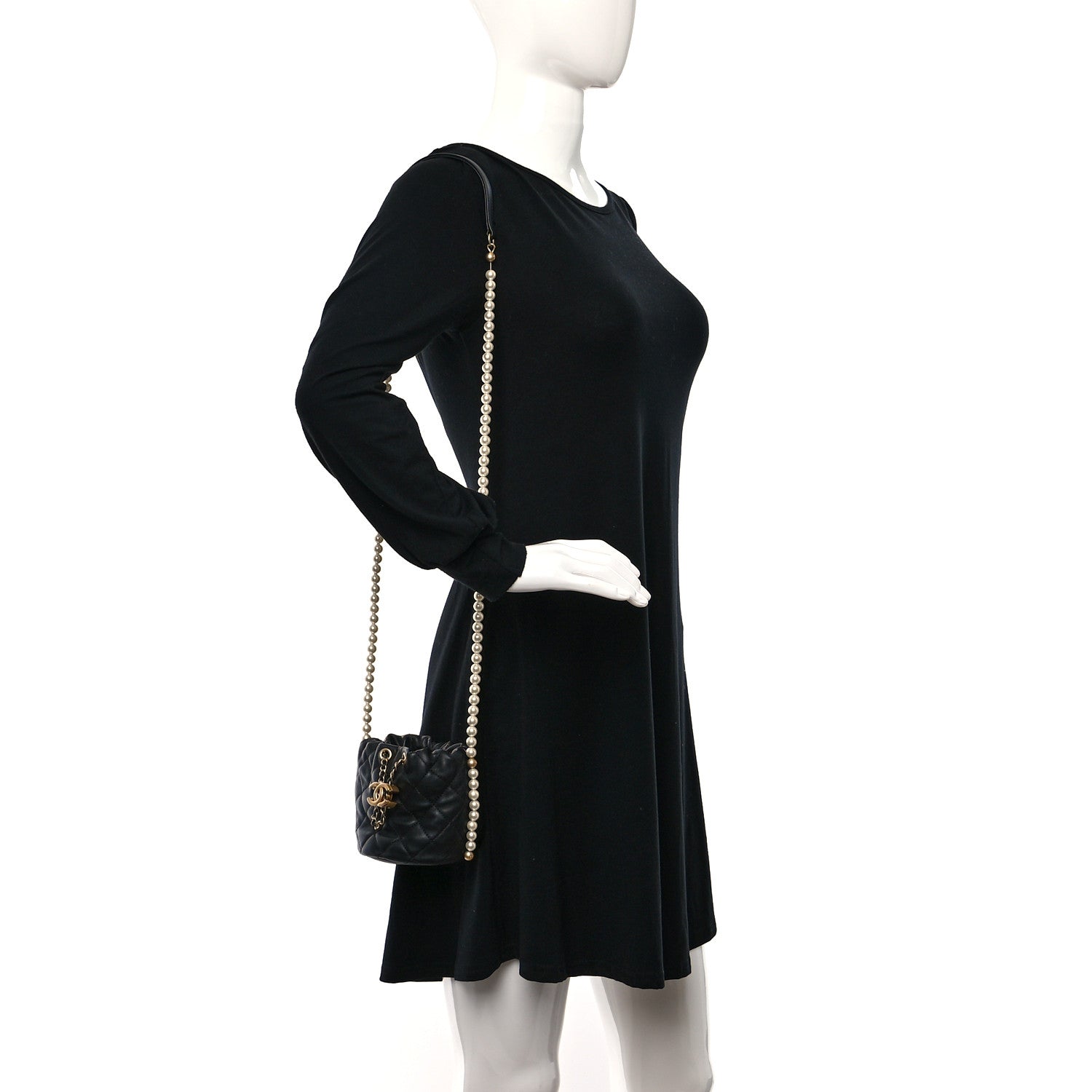 Chanel Calfskin Quilted Pearl Mini About Pearls Drawstring Bucket Bag Black 2 of 9