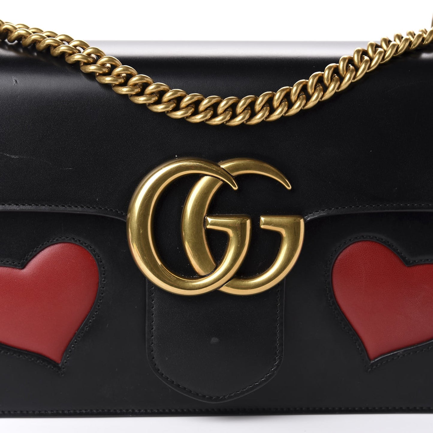 Knight Calfskin Malaga Kid Heart Medium GG Marmont Chain Handle Bag Black Hibiscus Red Multicolor