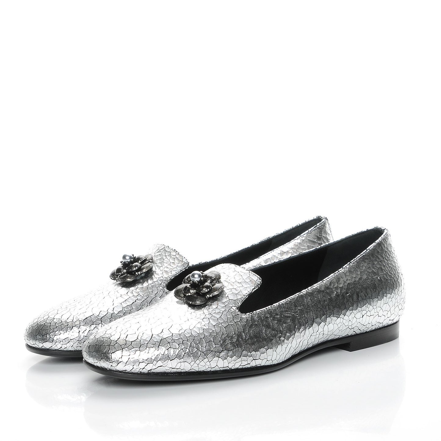 Metallic Crackled Calfskin Camellia Mocassin Loafers 37 Silver