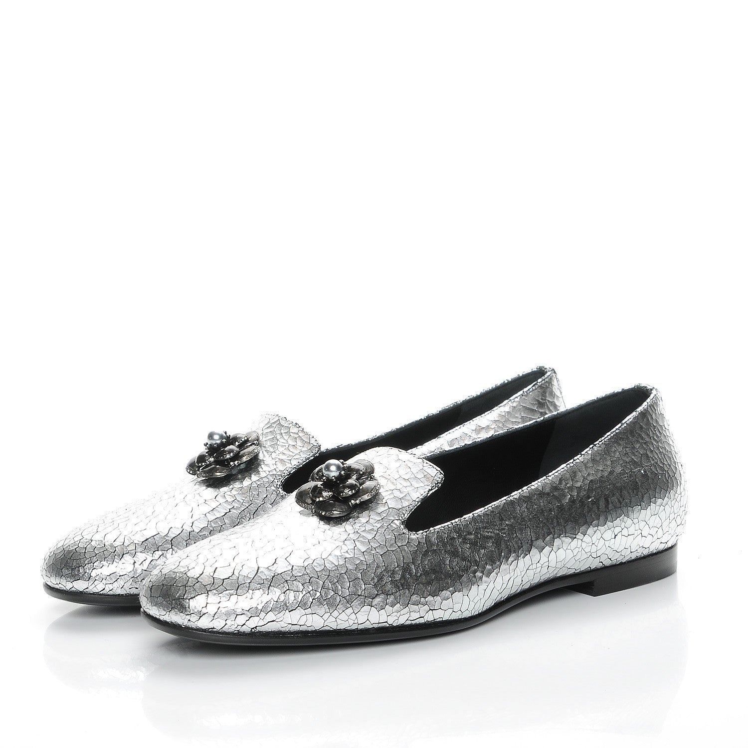 Chanel Metallic Crackled Calfskin Camellia Mocassin Loafers 37 Silver 3 of 9