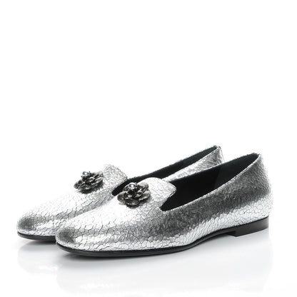 Chanel Metallic Crackled Calfskin Camellia Mocassin Loafers 37 Silver 3 of 9
