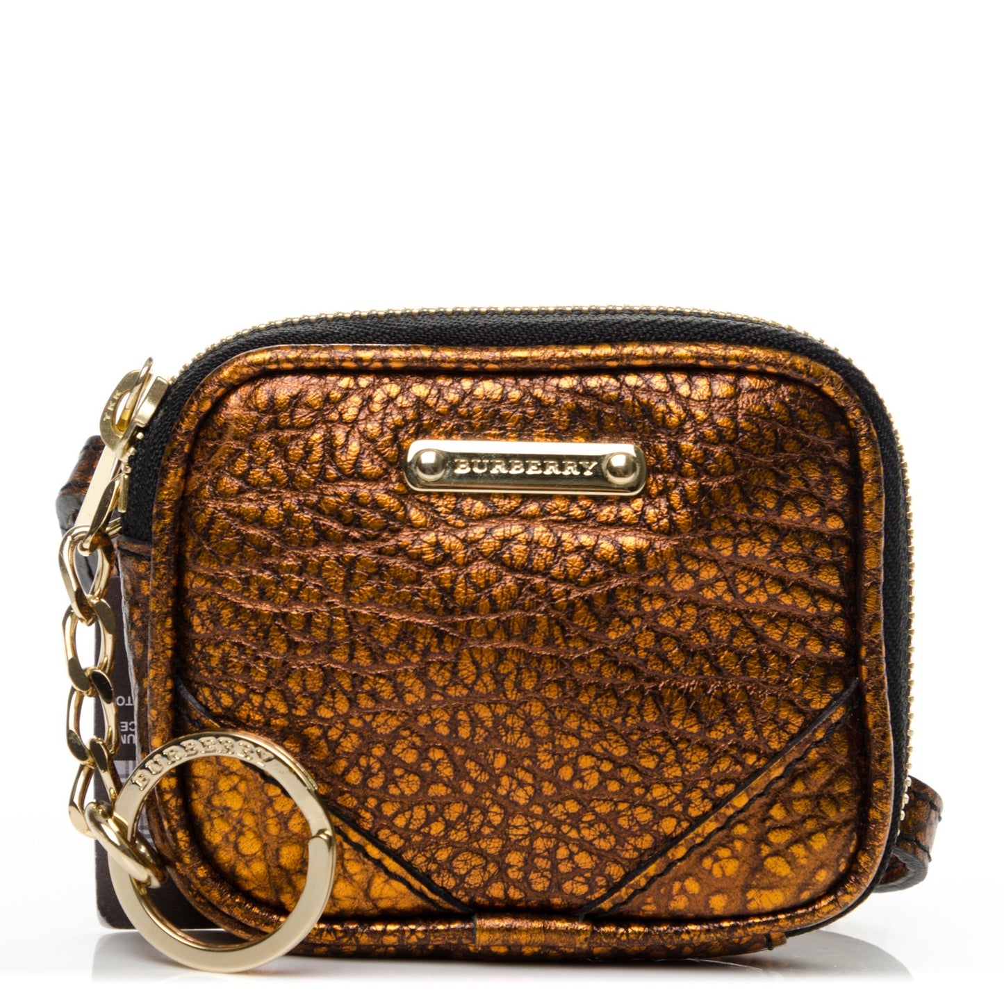 Metallic Grained Leather Brindley Zip Coin Case Key Ring Tangerine