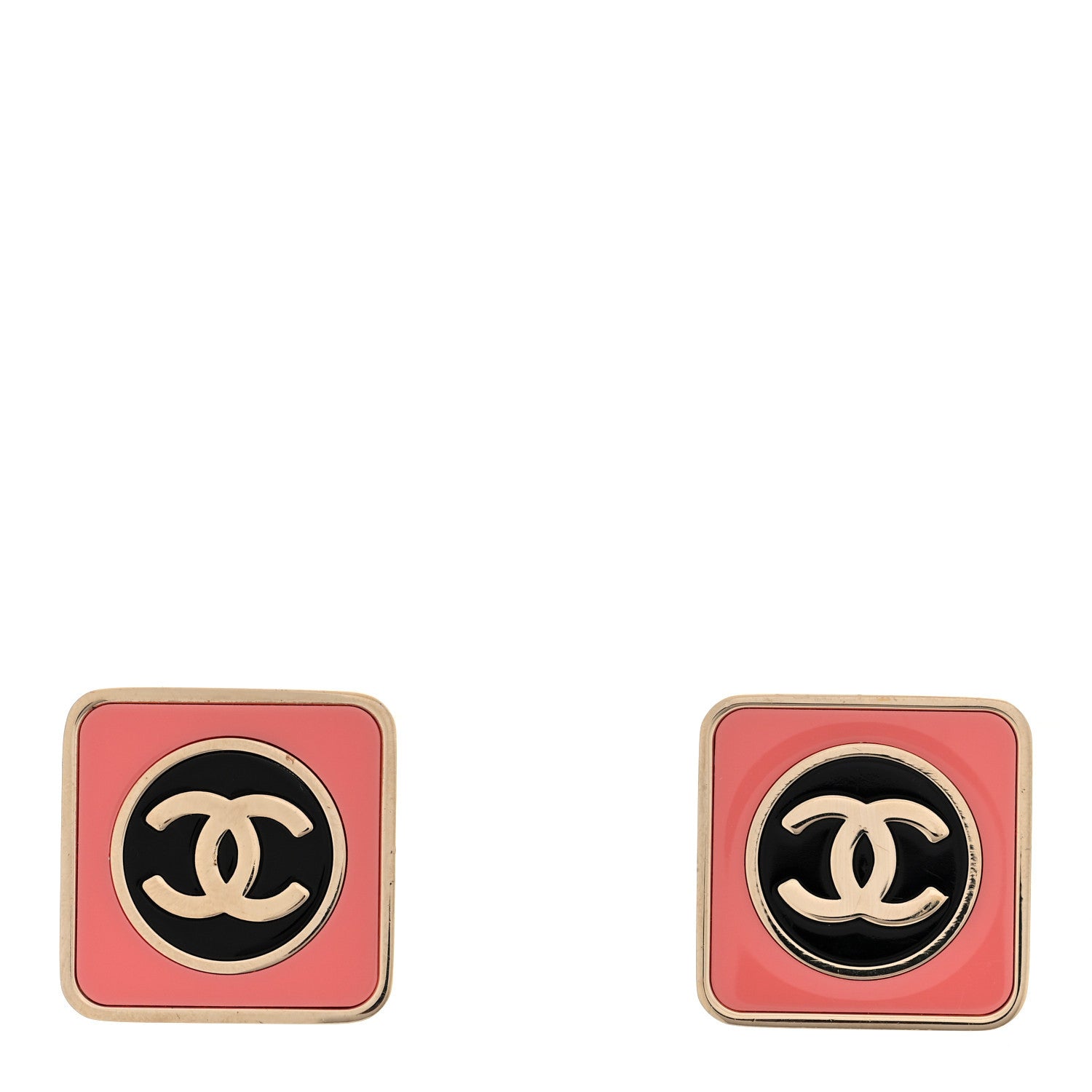 Chanel Metal Enamel CC Square Earrings Gold Pink Black 1 of 5