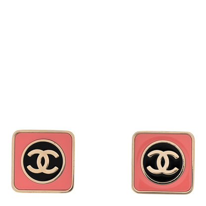 Chanel Metal Enamel CC Square Earrings Gold Pink Black 1 of 5