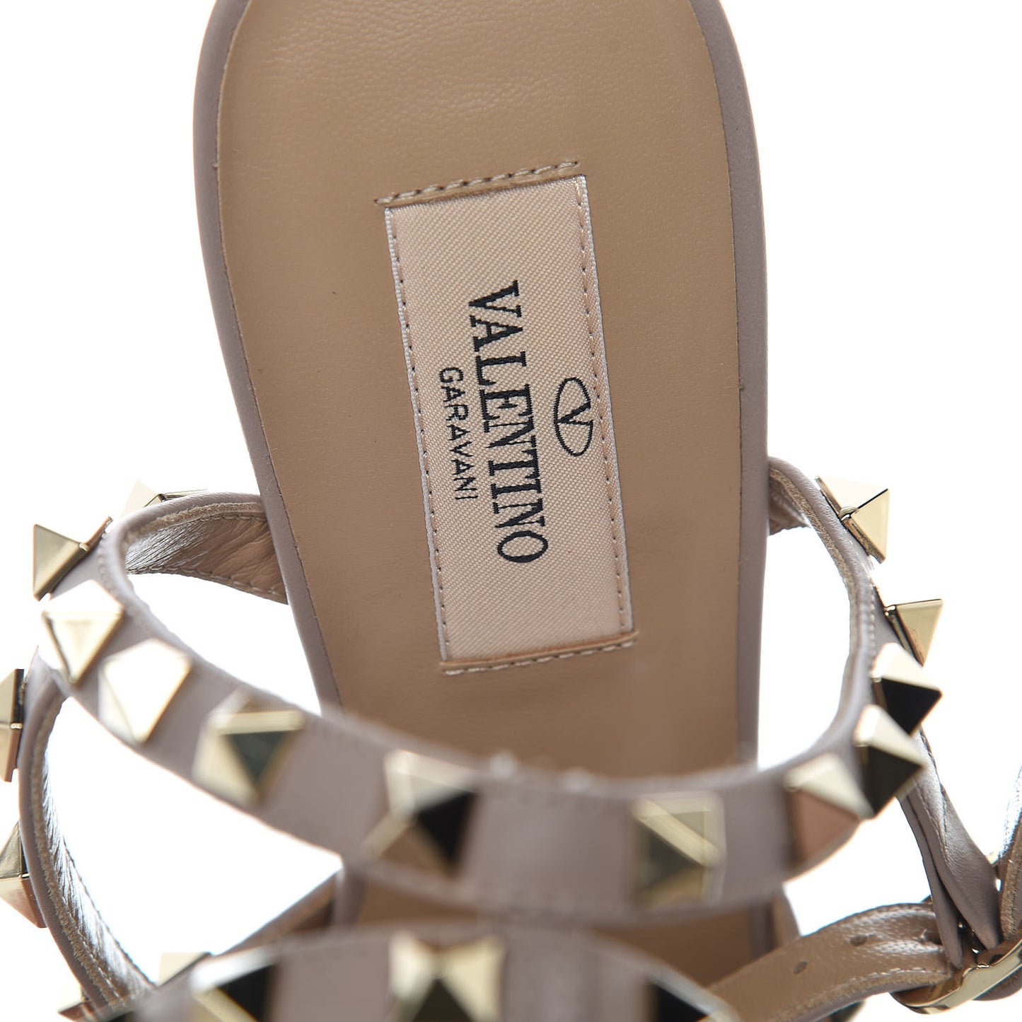 Pebbled Calfskin Rockstud Ankle Strap Low Heel Pumps 37.5 Poudre