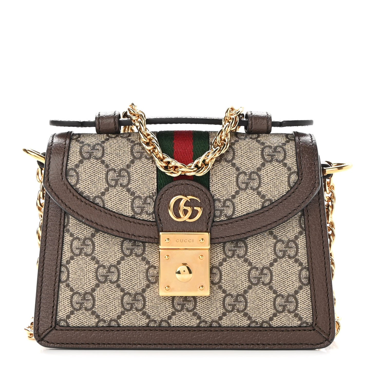 GG Supreme Monogram Textured Dollar Calfskin Web Mini Ophidia Padlock Top Handle Chain Shoulder Bag Beige Ebony New Acero