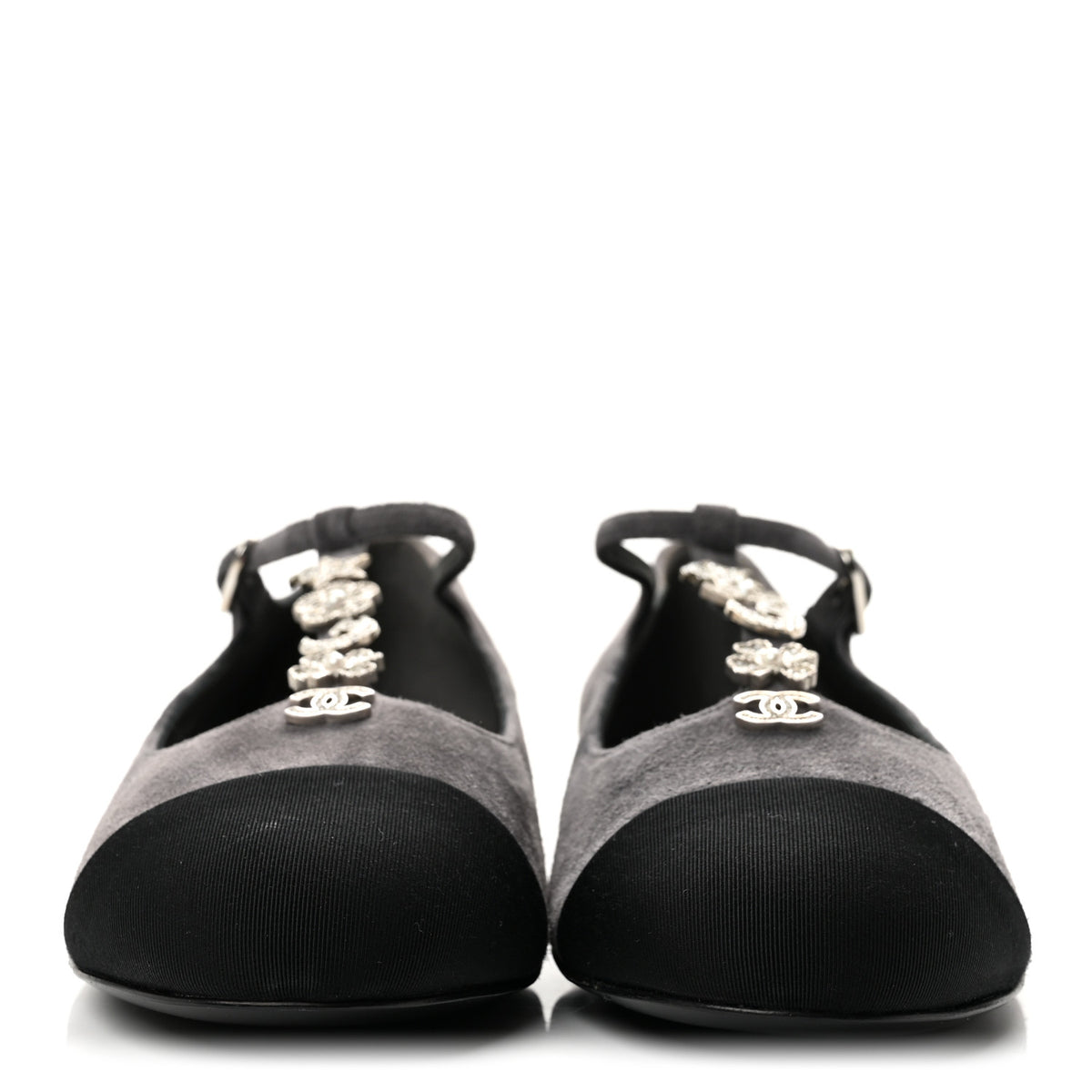 Suede Grosgrain Crystal Pearl Crystal Cap Toe T Strap CC Mary Jane Flats  37.5 Grey Black