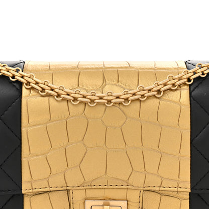 Chanel Lambskin Metallic Calfskin Crocodile Embossed 2.55 Reissue 225 Flap Black Gold 8 of 12