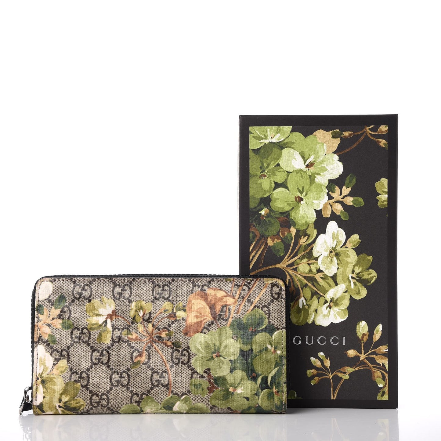 GG Supreme Monogram Blooms Zip Around Wallet Beige New Military Black