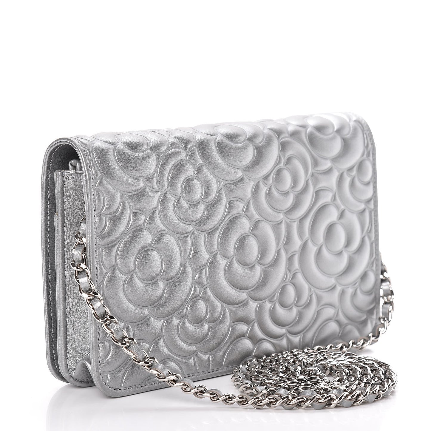 Metallic Lambskin Camellia Crystal Wallet on Chain WOC Silver