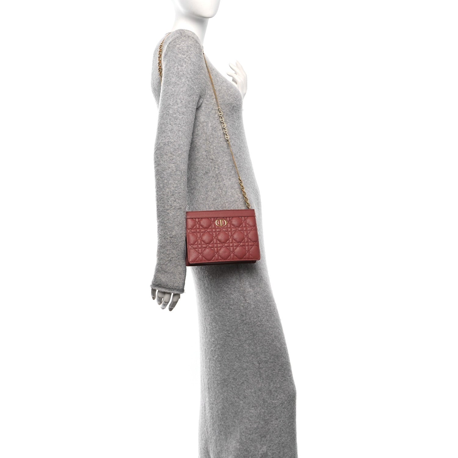 Christian Dior Calfskin Cannage Caro Zipped Pouch With Chain Pink Peony 2 of 9