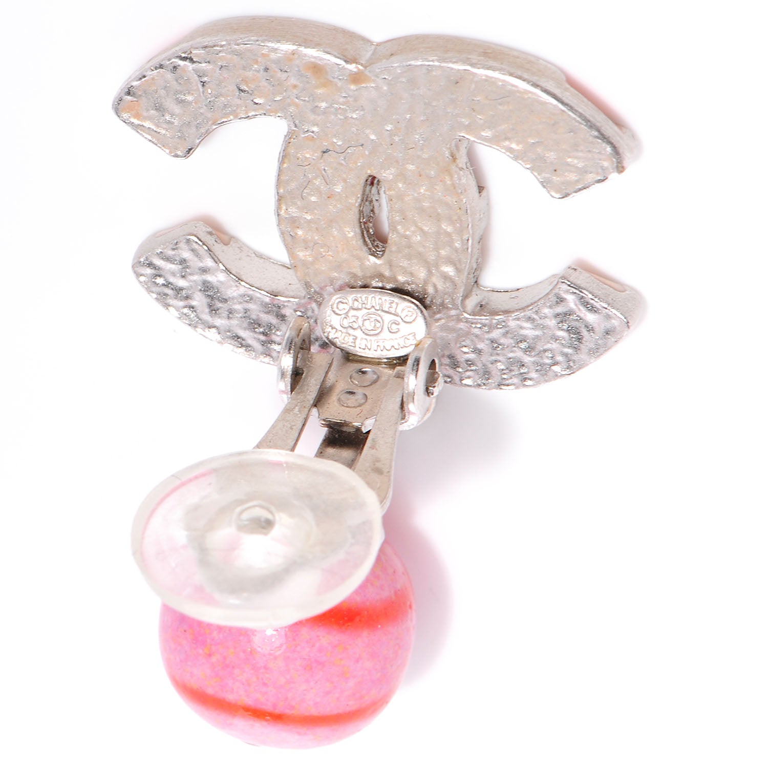 Chanel CC Enamel Striped Drop Clip On Earrings Pink Silver 5 of 5