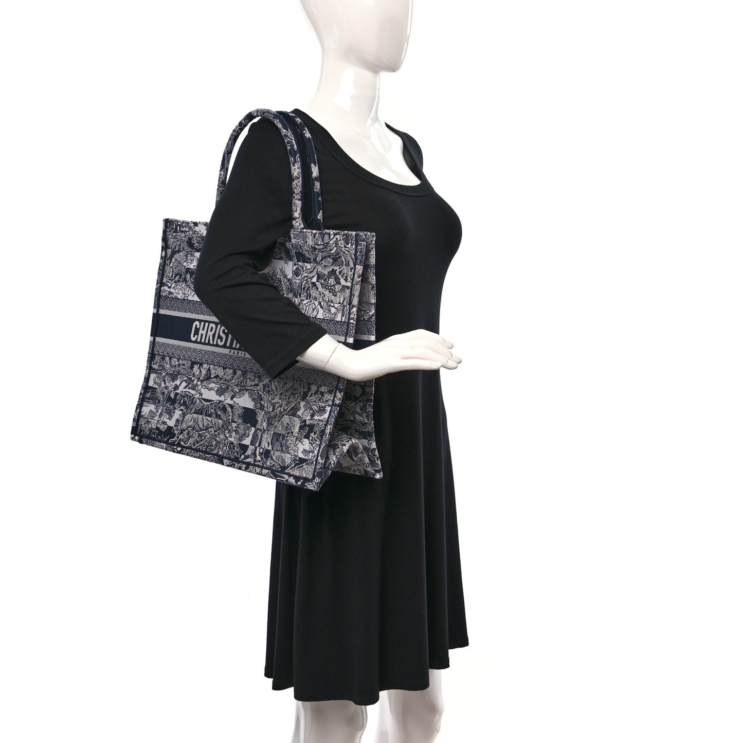 Canvas Embroidered Large Dioriviera Reverse Striped Toile De Jouy Book Tote Black White