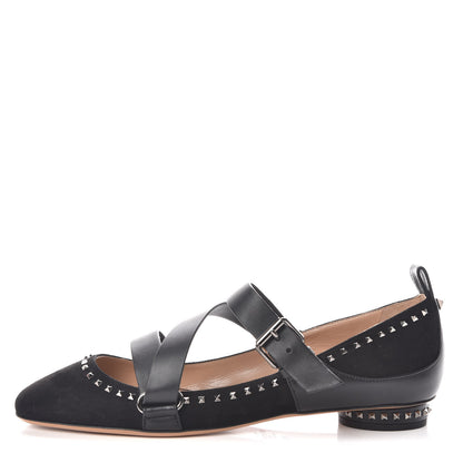 Valentino Garavani Suede Soul Rockstud Strappy Ballerina Flats 38.5 Black 1 of 8