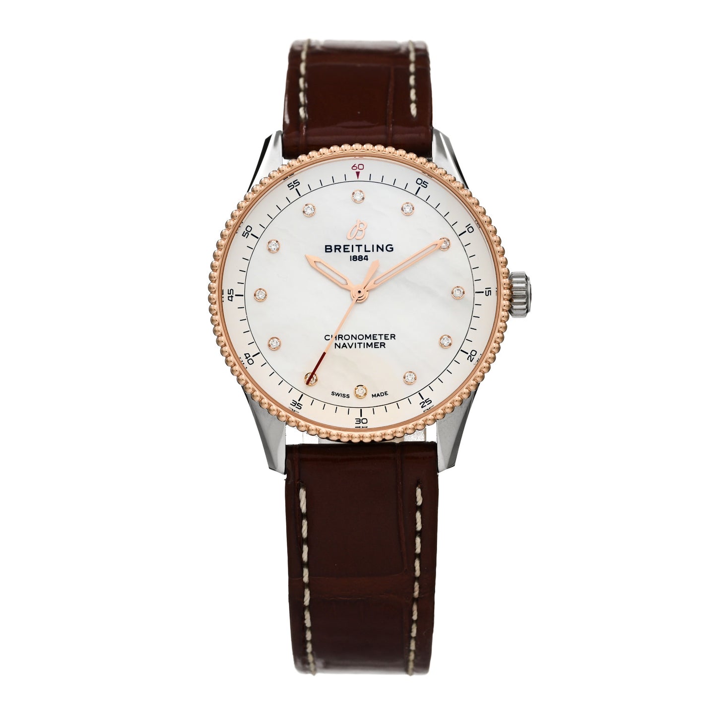 Stainless Steel 18K Rose Gold Alligator Diamond Mother of Pearl 32mm Navitimer Quartz Watch U77320