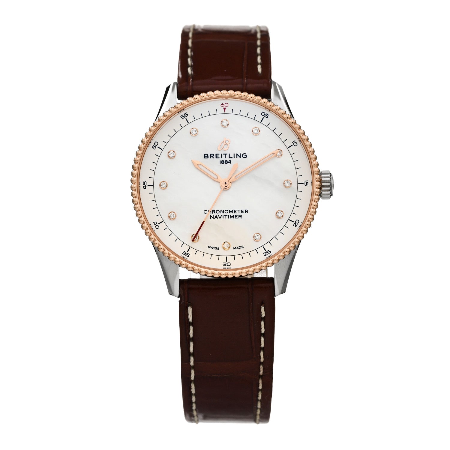 Breitling Stainless Steel 18K Rose Gold Alligator Diamond Mother of Pearl 32mm Navitimer Quartz Watch U77320 1 of 4