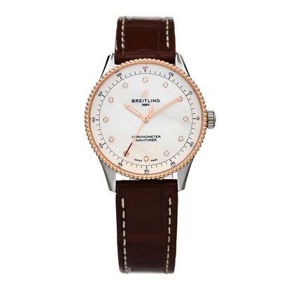 Breitling Stainless Steel 18K Rose Gold Alligator Diamond Mother of Pearl 32mm Navitimer Quartz Watch U77320 1 of 4
