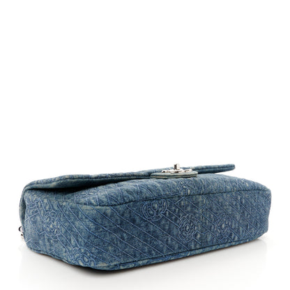 Chanel Denim Quilted Camellia Embroidered Large Flap Blue 4 of 11