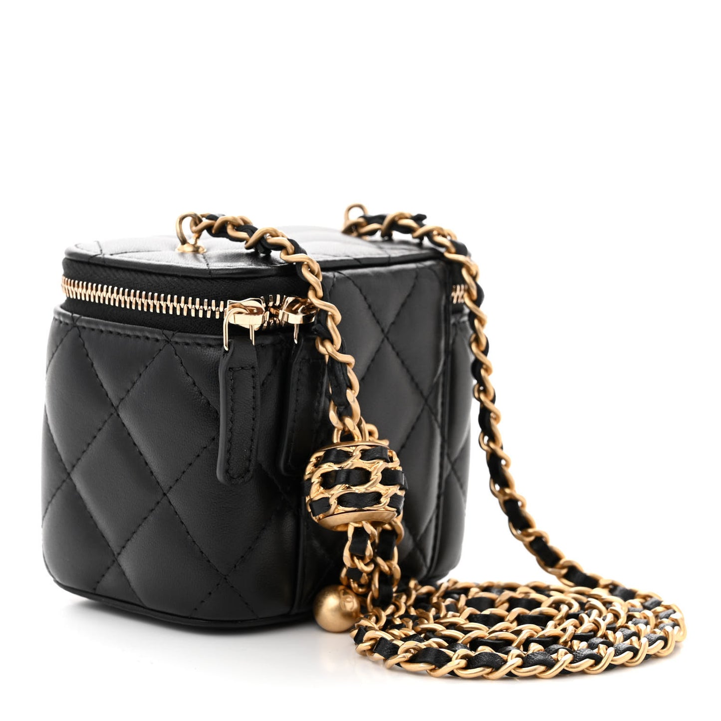 Lambskin Quilted Mini Pearl Crush Vanity Case With Chain Black